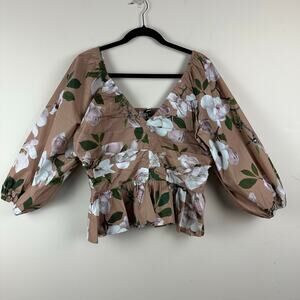 Express Womens Floral Peplum Puff Sleeve Smocked Top Size L Cottagecore Festival